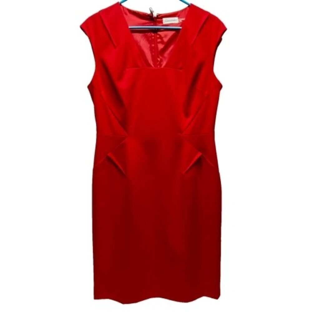 Calvin Klein Women's Red Sleeveless V-Neck Sheath Dress Sz 8 Office Career EUC‎